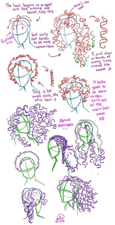 some sketches of different hairs and hair styles for girls with curly hair, one in the middle