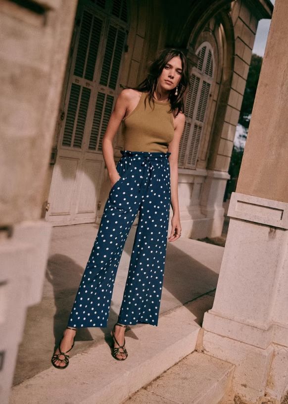 Jacques Trousers - Navy polka dots - Viscose - Sézane Denim Cotton, Grey Denim, Straight Leg Trousers, Navy Pants, Black Polka Dot, Pants Straight, Trouser Jeans, Parisian Style, Bright Pink