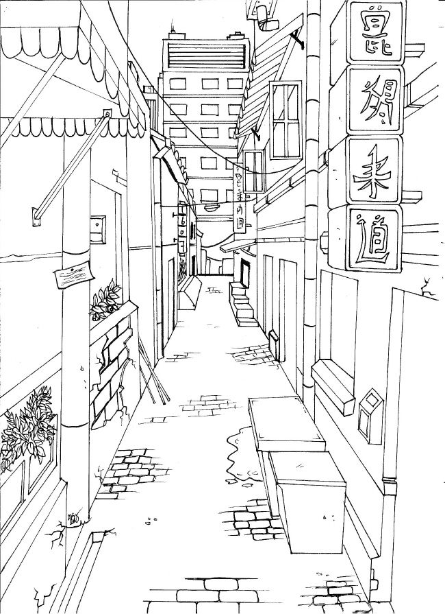 a black and white drawing of a narrow alleyway with chinese writing on the walls