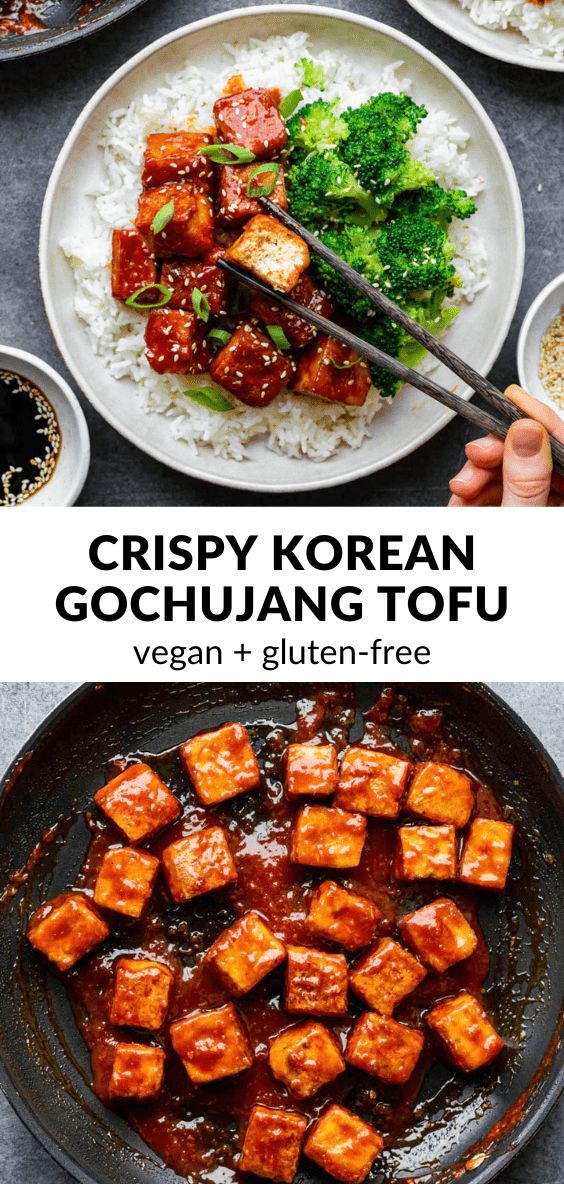 the recipe for crispy korean tofu is shown in two different images