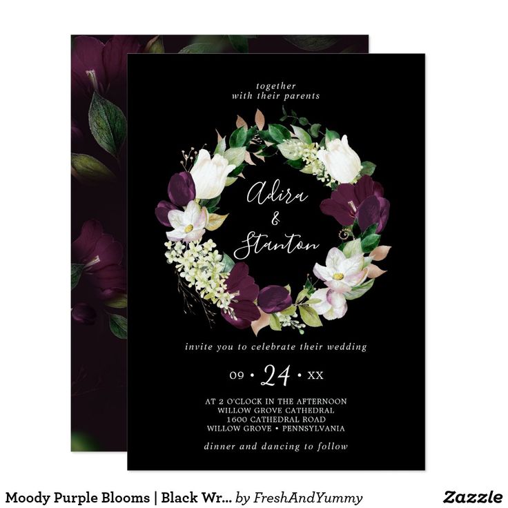 a wedding card with purple flowers and greenery in the middle, on black background