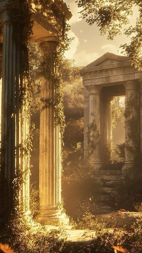 an old building with columns and vines growing on it