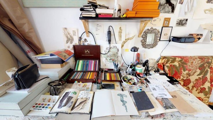 a cluttered desk with many books and papers on it