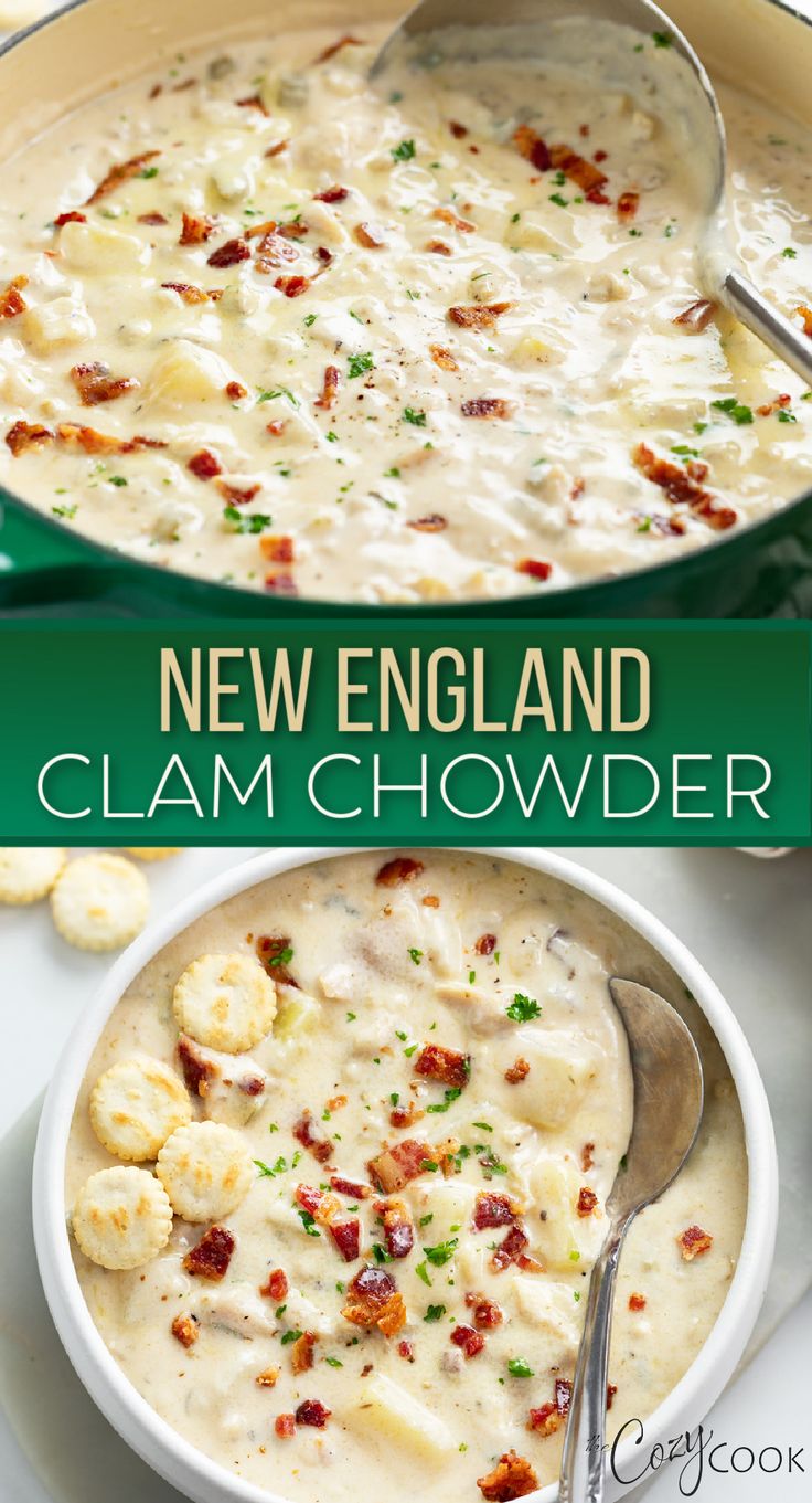 New England Clam Chowder with bits of bacon and oyster crackers Reluctant Entertainer Recipes Clam Chowder, Taste Of Home Clam Chowder Recipe, Thick New England Clam Chowder, Taste Of Home Clam Chowder, Classic New England Clam Chowder, Chowder Base Recipe, Clam Chowder With Corn, White Clam Chowder, Thick And Creamy Clam Chowder