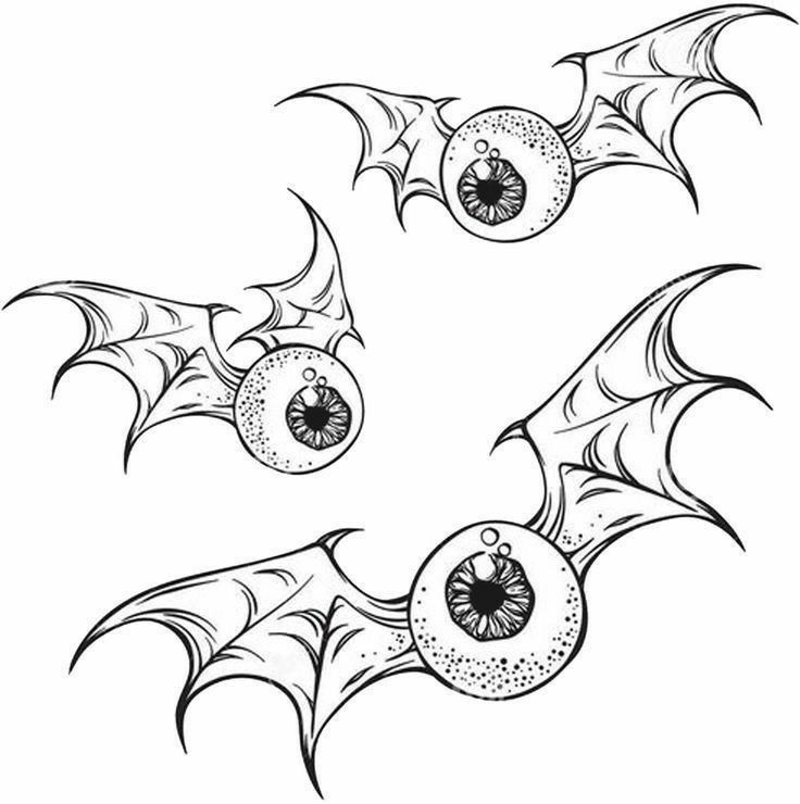 three bats with large eyes and fangs on the top one is drawn in black ink