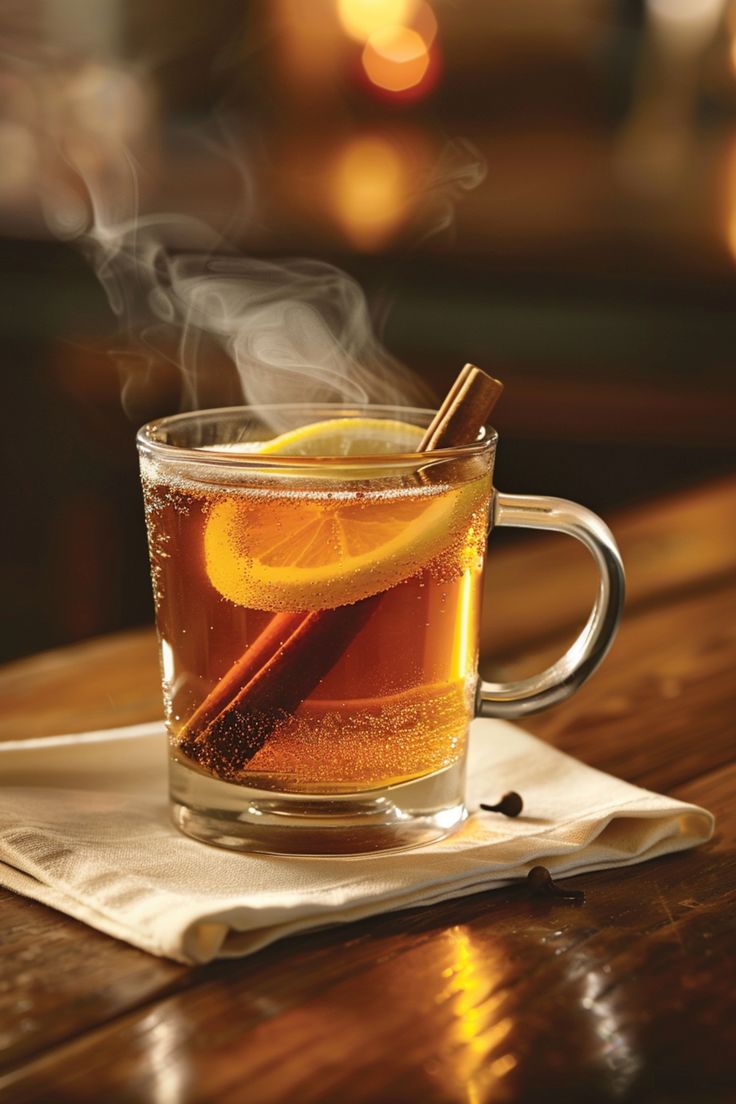 a cup of tea with cinnamon and lemon on a napkin next to a lit candle