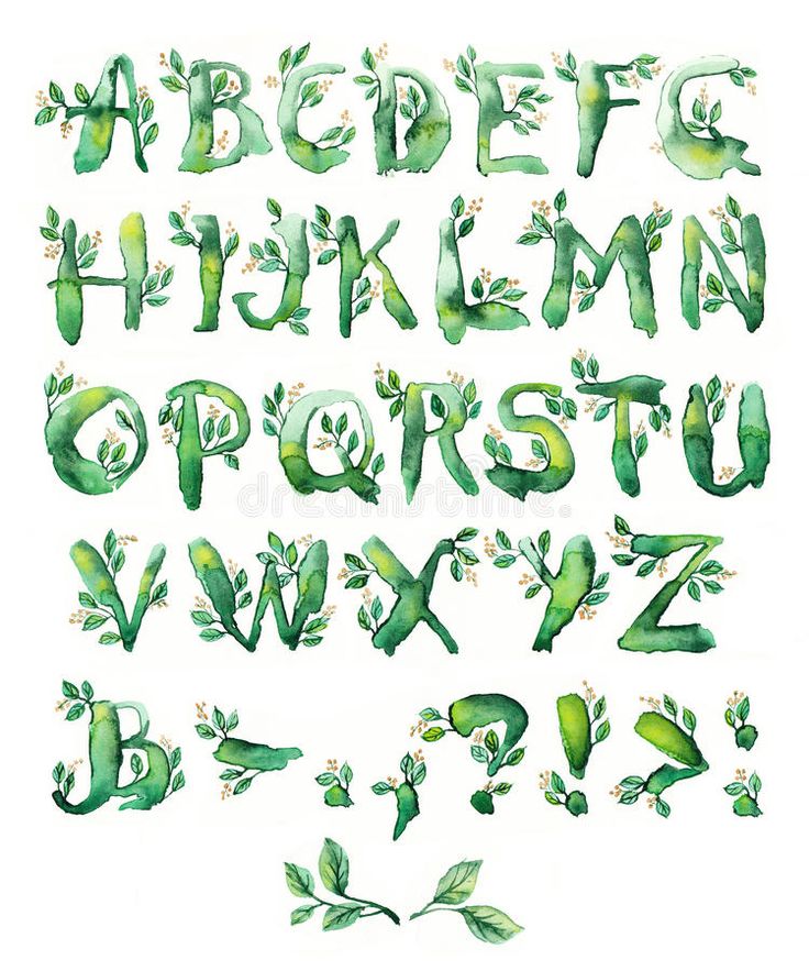 watercolor alphabet with green leaves and flowers