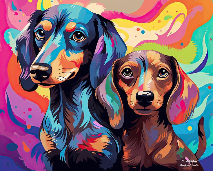 two dachshund dogs sitting side by side in front of a colorful background