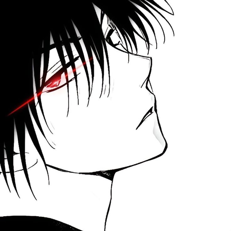 an anime character with black hair and red eyes looking to his left, while the background is white