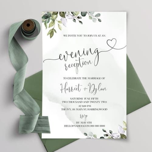 the wedding reception card is on top of an envelope, with ribbon and green paper