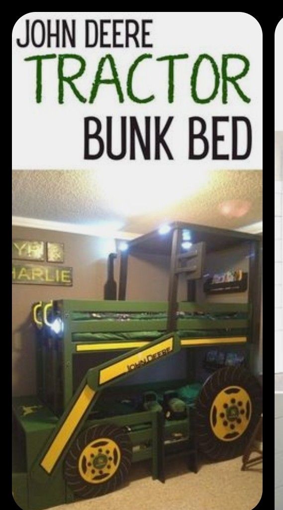 there is a green tractor bunk bed with lights on the top and below it are pictures of children's beds