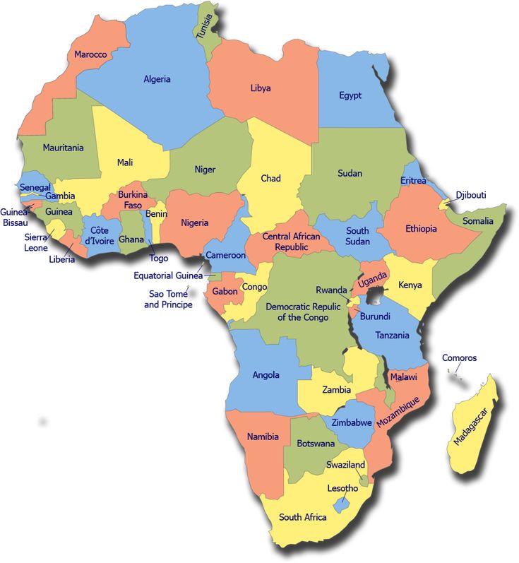 a map of africa with all the major cities and their respective countries in bright colors