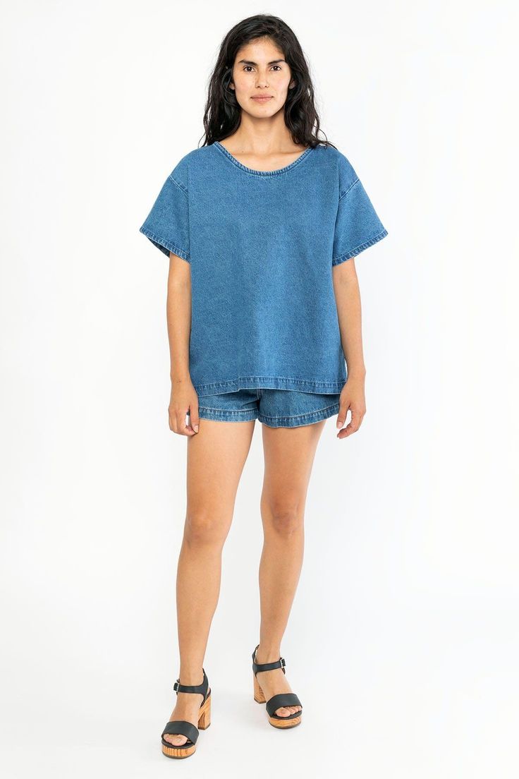 The Denim T-Shirt is constructed out of 10 oz denim and then dyed and treated with enzymes for a slight softening effect. The result is a workwear-inspired piece that’s functional and perfect in its simplicity. Features a slightly oversized, boxy fit with side seam vents at the hem. Wear this alone as a top or layer over long sleeves. | Shirt For Women In Dark Medium Wash, Size Small Everyday Relaxed Fit Cotton Denim Top, Indigo Short Sleeve Cotton Denim Top, Washed Denim Blue Short Sleeve Tops, Relaxed Fit Medium Wash Denim Top, Indigo Short Sleeve Denim Top, Everyday Washed Blue Cotton Denim Top, Indigo Cotton Denim Top With Short Sleeves, Relaxed Fit Washed Tencel Tops, Pre-washed Dark Wash Cotton Top