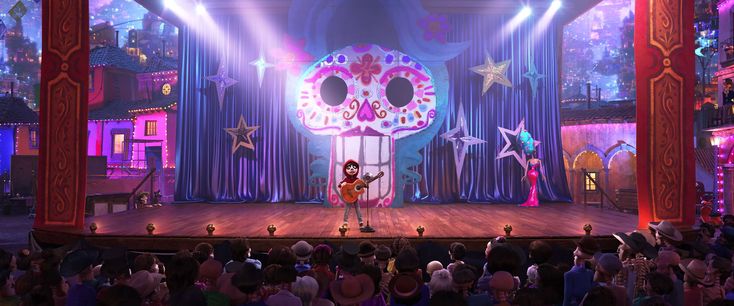 an animated character is on stage in front of a crowd