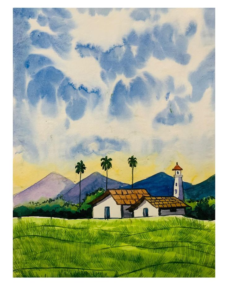 a painting of a church in the middle of a field with palm trees and mountains behind it