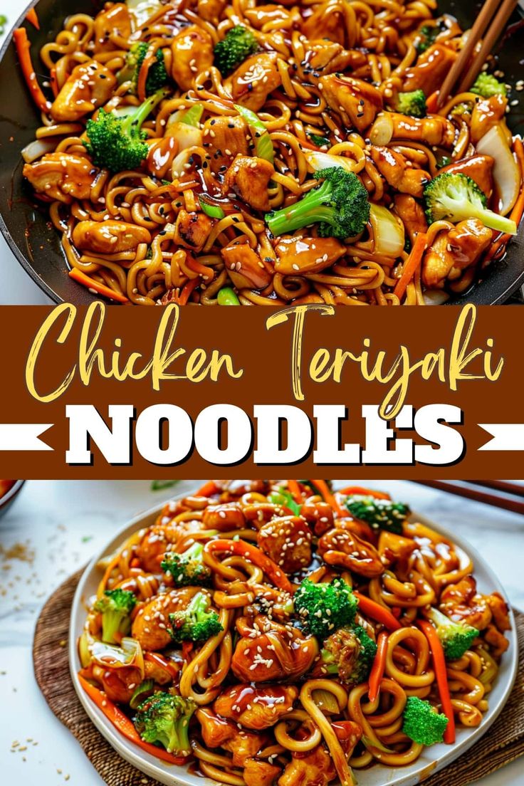 chicken teriya noodles with broccoli and carrots in a wok on a table