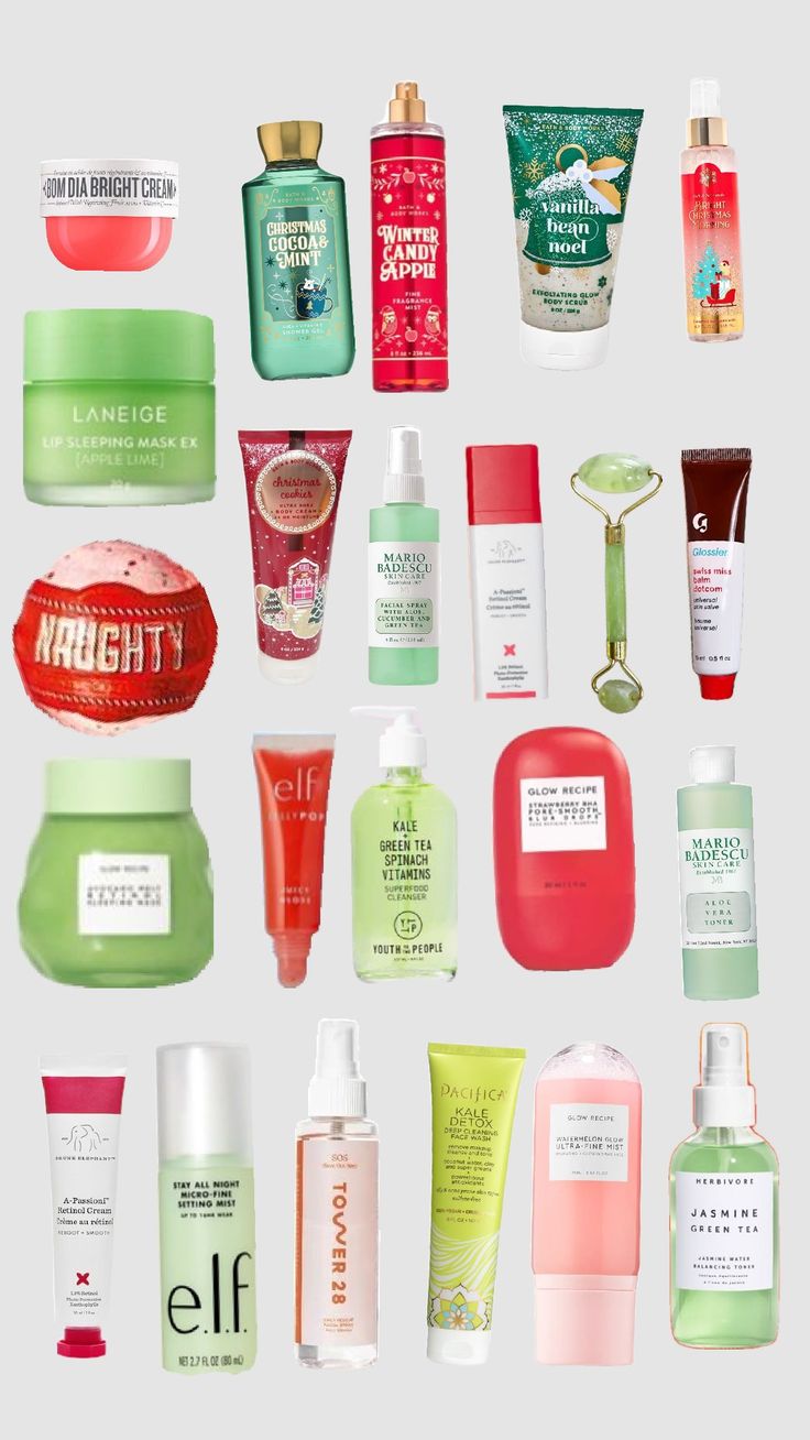 many different types of skin care products on a white background, including hand sanitizers and body washes