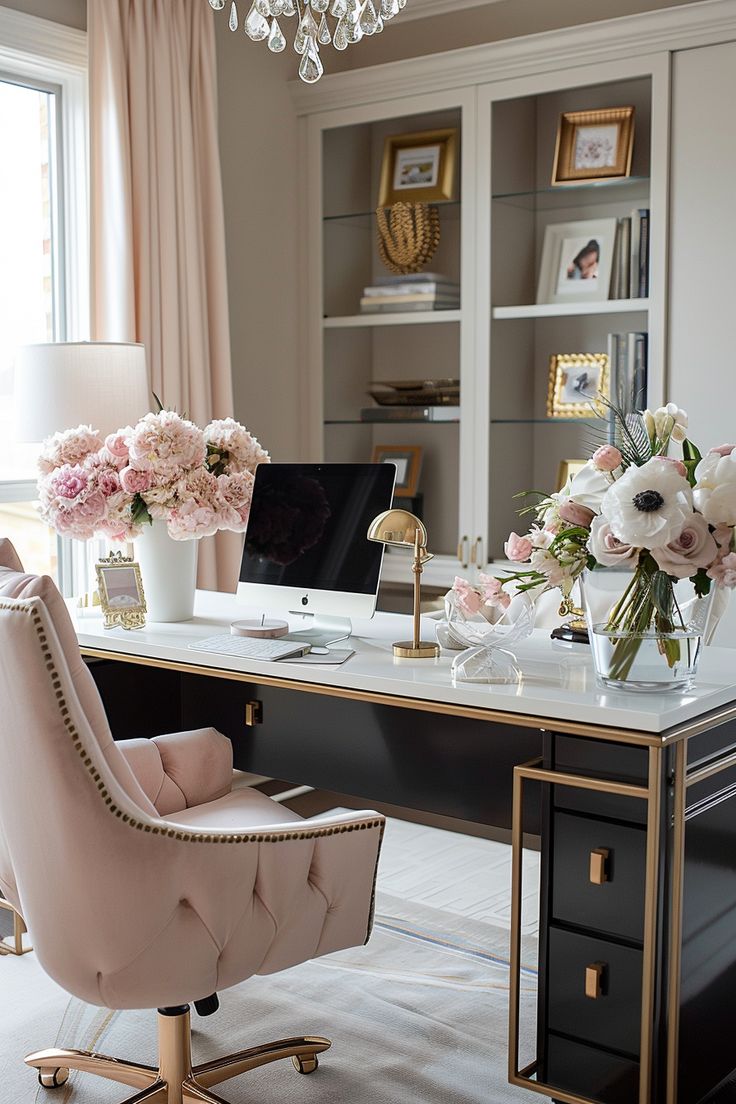 a desk with flowers and a laptop on it