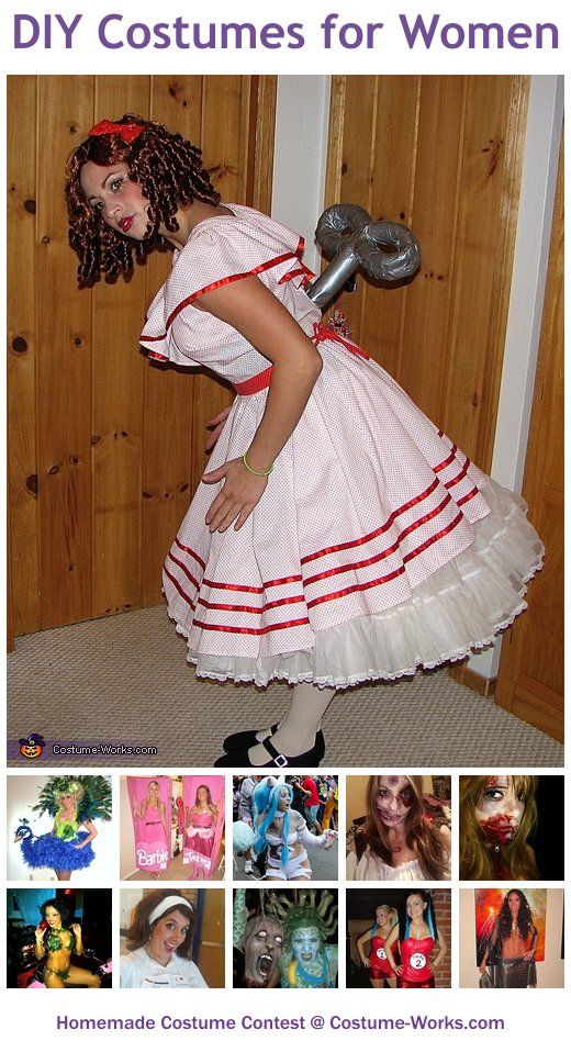 a woman dressed as a girl holding a wrench in her right hand and wearing a white dress with red trim