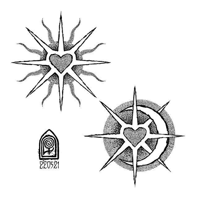 two sun and heart tattoos on white paper