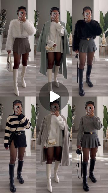 Talia | CONTENT CREATOR on Instagram: "8 chic looks for A/W - choose your favorite look!🖤

🫶🏽 knit sweaters, skirts, skorts, coats, jackets, tights, mini skirts, boots, knee high boots, winter looks, fall fashion, outfits" Mini Skirt With Tights Outfit, Mini Skirt With Stockings Outfit, Winter Skirt Outfit With Boots, Knee High Boots Outfit Winter, Tights And Skirt Outfit, Skirt With Stockings Outfit, Skirt And Tights Outfit, Mini Skirts With Tights, Mini Skirt Outfit Fall