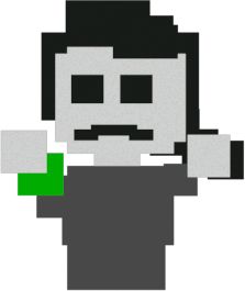 an image of a pixel art character holding a green object in one hand and looking at the camera