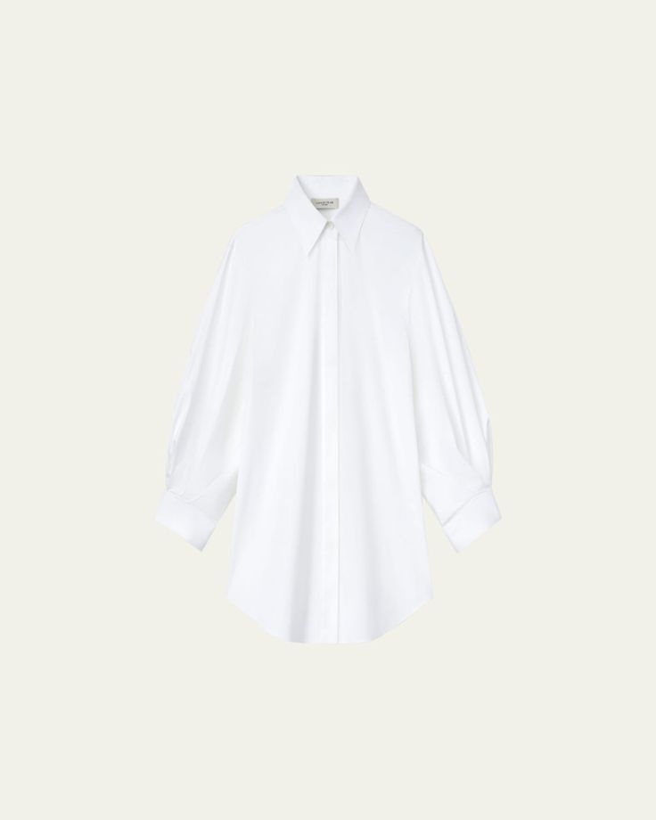 Lafayette 148 New York blouse in cotton with pleated sleeve details    Approx. 25"L from shoulders to hem    Spread collar; concealed button front    3/4 blouson sleeves    Button cuffs    Shirttail hem    Slim fit    Cotton    Imported Workwear Blouse With Rolled 3/4 Sleeves, Oversized Elegant Cotton Blouse, Elegant Shirt With Gathered Sleeves For Spring, Collared Blouse With Blouson Sleeves For Work, Cotton Bishop Sleeve Tops For Work, Classic Office Shirt With Blouson Sleeves, Classic Collared Shirt With Blouson Sleeves, Classic Shirt With Blouson Sleeves For Office, Fall Shirt With Blouson Sleeves