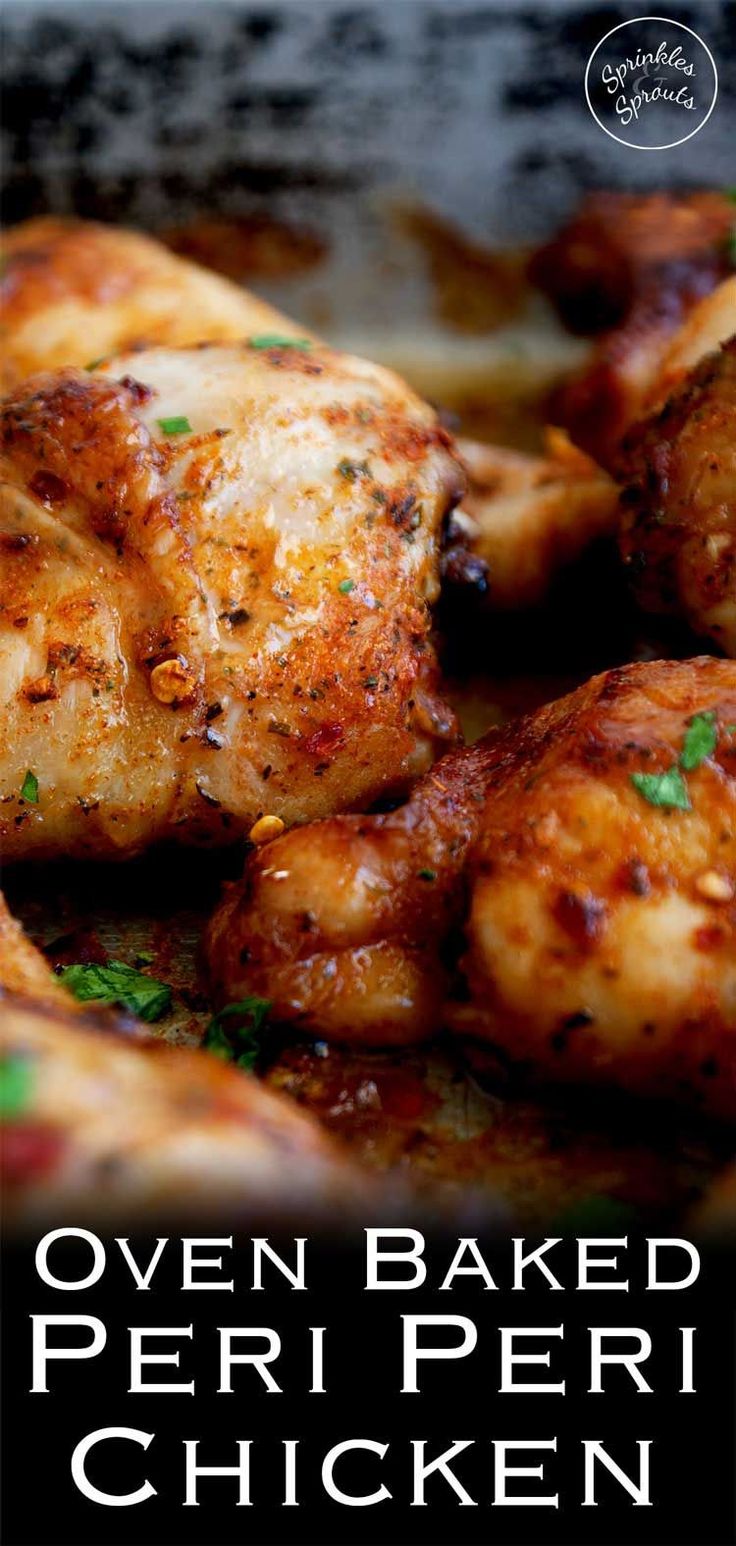 some chicken is cooking in a pan with parsley on the top and green garnish on the bottom