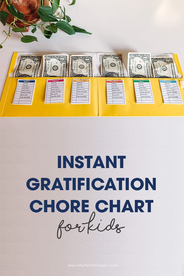 a sign that says instant gratification chore chart for kids with money on it