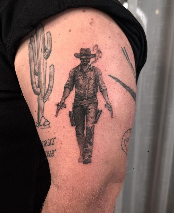 Mens Tattoo Sleeve Designs, West Coast Sleeve Tattoo, Dark Cowboy Tattoo, Contemporary Tattoo Men, Western Cowboy Skeleton Tattoo, Midwestern Tattoos, Cowboy Patchwork Tattoo, Western Realism Tattoo, Cowboy Themed Tattoo