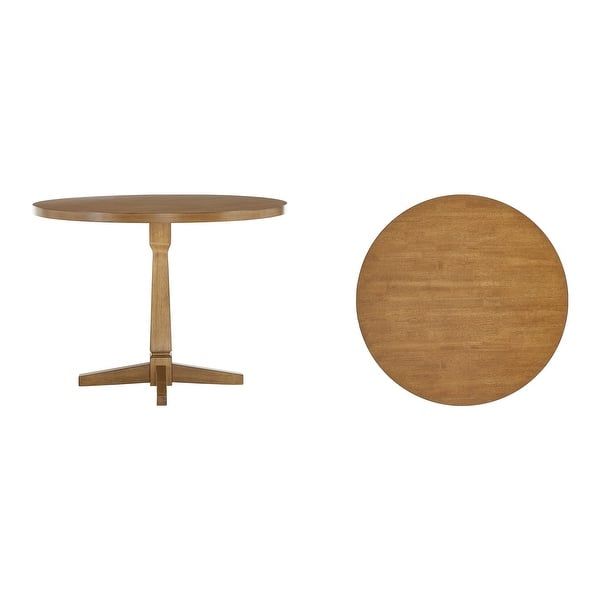 a wooden table next to a round wood table top on a white background, with one piece of furniture in the foreground