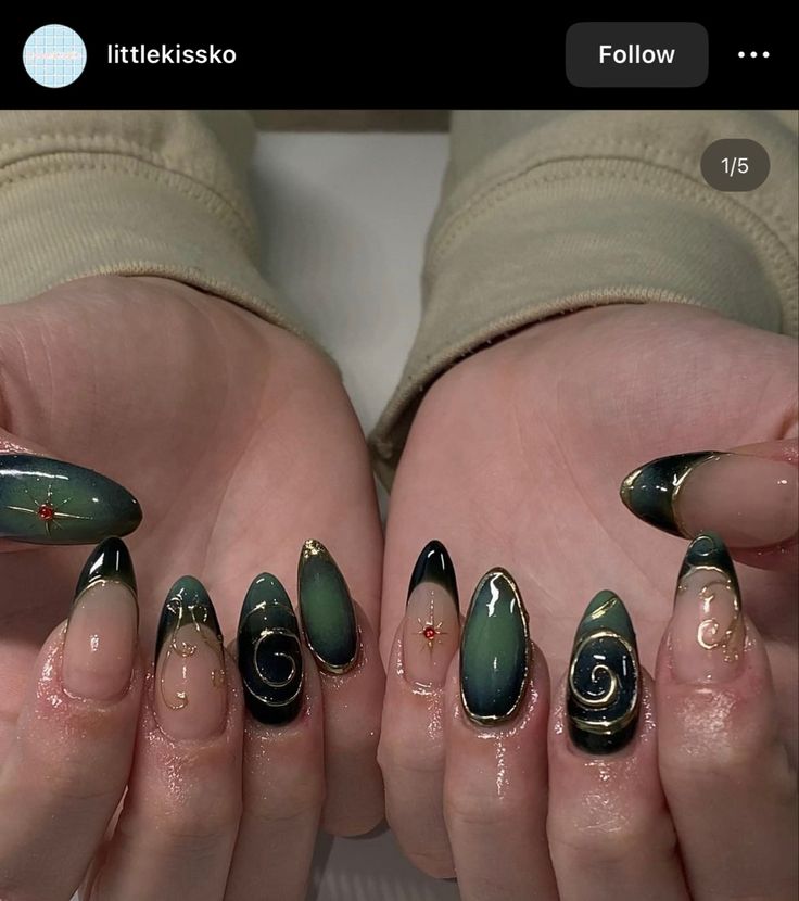 Almond Acrylic Nails Green, Burgundy And Green Nails, Nail Designs Simple Almond, Labradorite Nails, Almond Nails Green, Green And Purple Nails, 22 Bday, Bday Nails, Emerald Nails