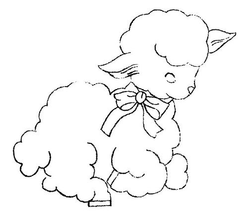 a black and white drawing of a sheep with a bow on it's head