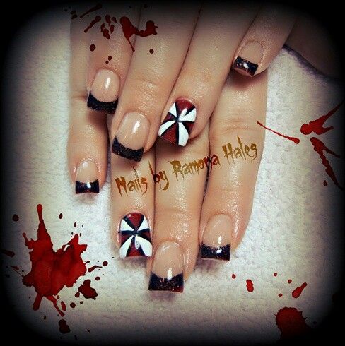 Umbrella Corp nails...a personal favorite I have done many times.  Resident evil! Evil Nails, Evil Dress, Coolest Nails, Geeky Nails, Resident Evil Tattoo, Painted Umbrella, Wicked Nails, Resident Evil Umbrella, Fingernail Art