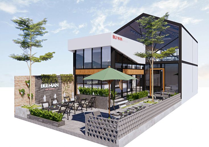 an artist's rendering of the exterior of a restaurant with tables and umbrellas