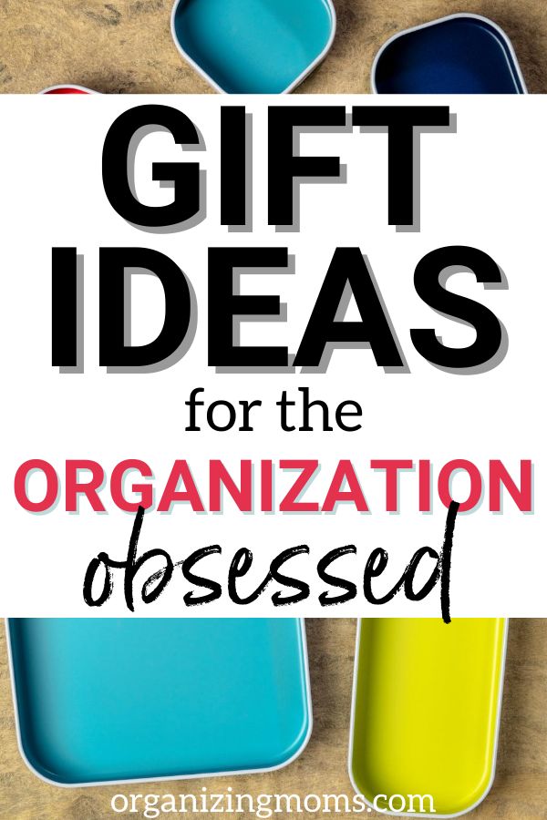 the words gift ideas for the organization dressed in black and white, with colorful containers