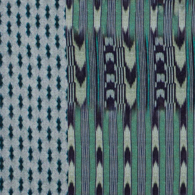 three different patterns are shown on the fabric, one is blue and green with black dots