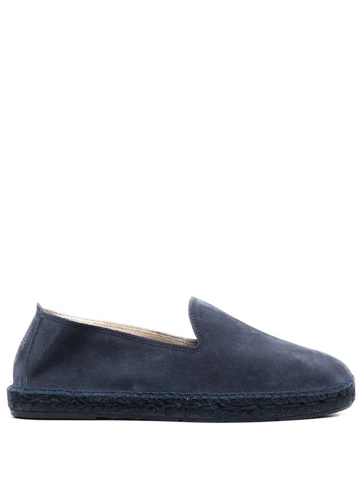 navy blue calf suede round toe slip-on style branded insole flat sole Blue Espadrilles, Slip On Espadrilles, Men Suede, Leather Espadrilles, Espadrille Shoes, Military Green, Loafer Shoes, Blue Man, Shoes Flats