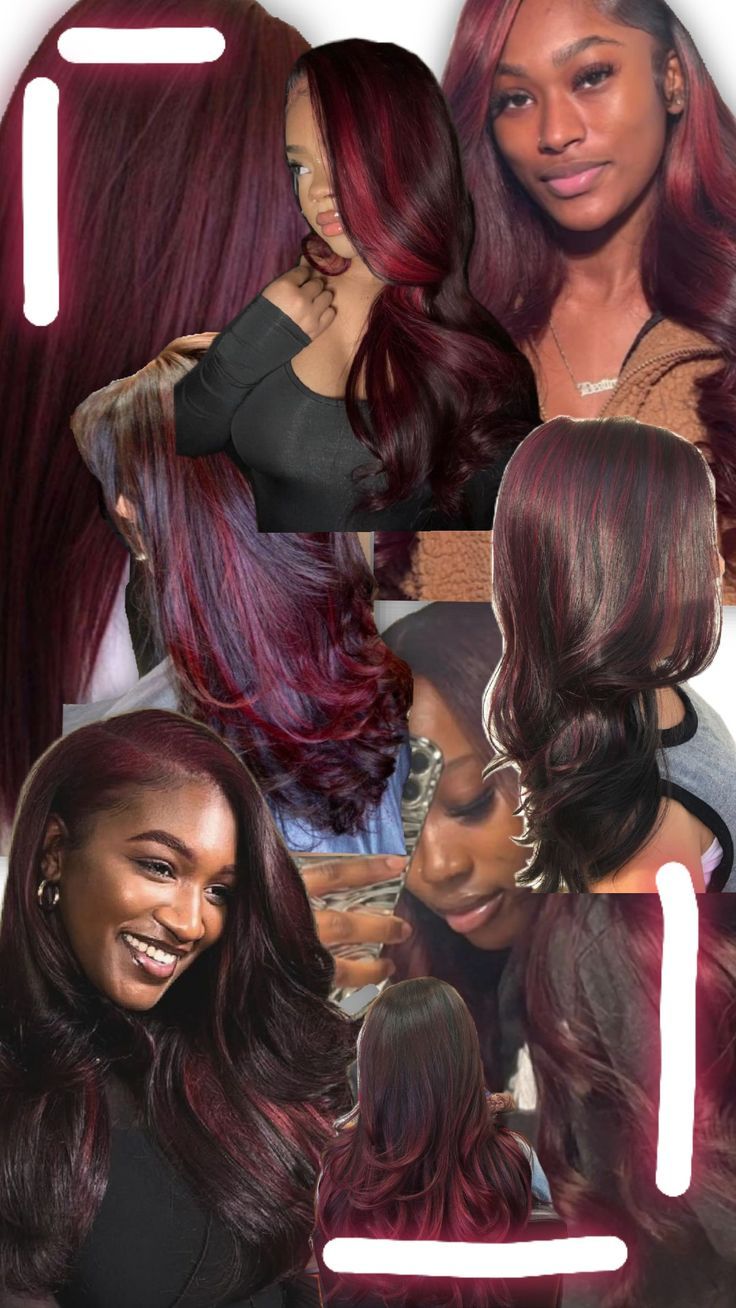 dark burgundy hair with red highlights Burgundy Hair With Red Highlights, Red Hair On Dark Skin, Burgundy Hair With Highlights, Hair With Red Highlights, Black Hair With Red Highlights, Cola Hair, Burgundy Red Hair, Dark Burgundy Hair, Cherry Cola Hair