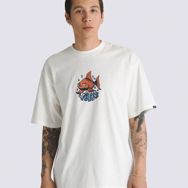 The Goldfish T-Shirt is a loose fit short sleeve crew neck T-shirt made of breathable cotton, with a bold screenprinted graphic of a goldfish with a Vans® logo at the center. 100% Cotton fabricDesigned with room in the chest and hipsShort sleeve crew neck T-shirtScreenprinted graphicsLoose fit | Vans Goldfish Loose Fit T-Shirt Men's Large Vans Graphic Short Sleeve T-shirt, Vans Cotton Graphic Tee, Vans Short-sleeved Graphic Tee, Vans T-shirt With Graphic Print And Relaxed Fit, Vans Relaxed Fit Graphic T-shirt, Vans Graphic Print T-shirt With Relaxed Fit, Vans Graphic Tee With Screen Print, Graphic Tee T-shirt With Fish Print, Vans Cotton T-shirt For Streetwear