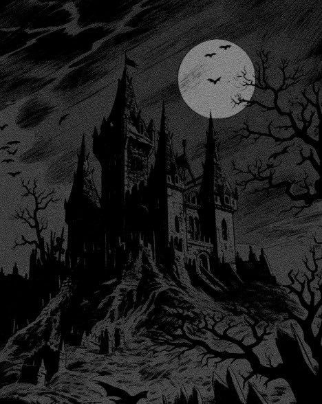 a black and white drawing of a castle on a hill with bats flying over it