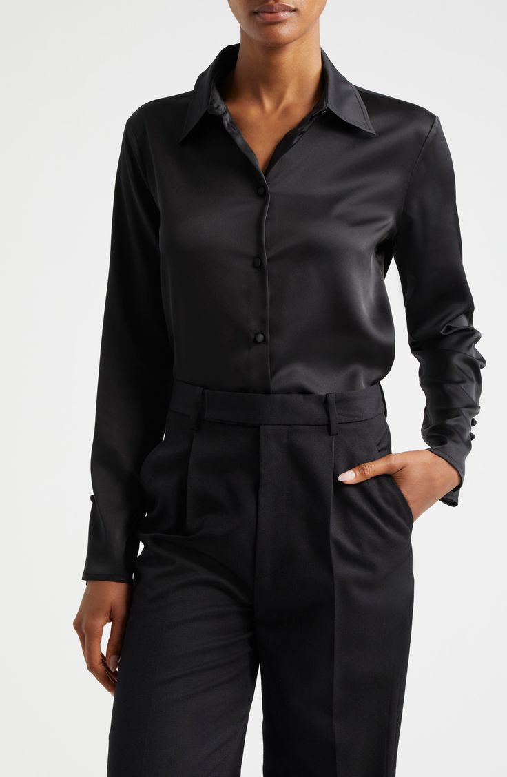 This picture-of-polish shirt is crafted from luxe satin with covered buttons at the front, back and cuffs. Front button closure Spread collar Long sleeves with three-button cuffs 100% polyester Dry clean Made in Turkey Luxury Semi-formal Button-up Blouse, Luxury Button-up Blouse For Semi-formal Occasions, Elegant Button-up Shirt With Button Closure, Satin Button-up Blouse, Satin Button-up Blouse For Work, Sleek Blouse With Button Closure For Night Out, Satin Button-up Shirt With Button Cuffs, Elegant Silk Shirt With Buttons, Sleek Button-up Blouse