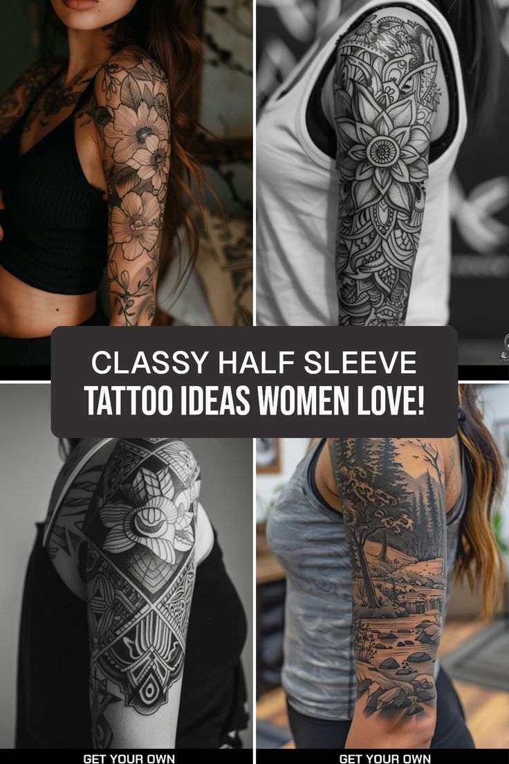 many different tattoos on the arms and arm, with text that reads classy half sleeve tattoo