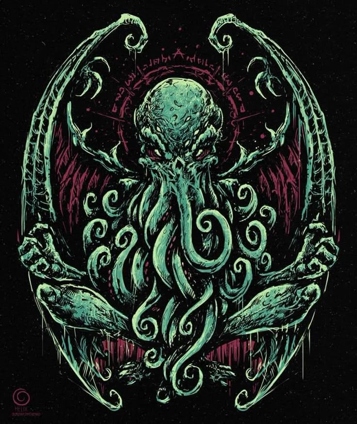 an octopus with tentacles on it's back in front of a black background,