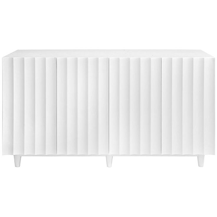 a white sideboard with vertical lines on the front and bottom, against a white background