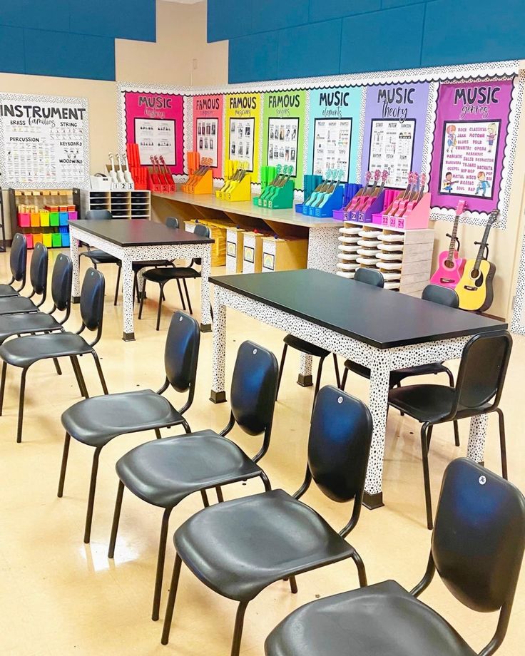 an empty classroom with desks and chairs in front of colorful bulletin boards on the wall