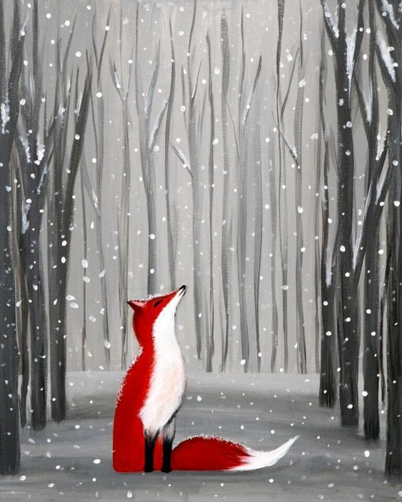 a painting of a red fox sitting in the middle of a forest with snow falling