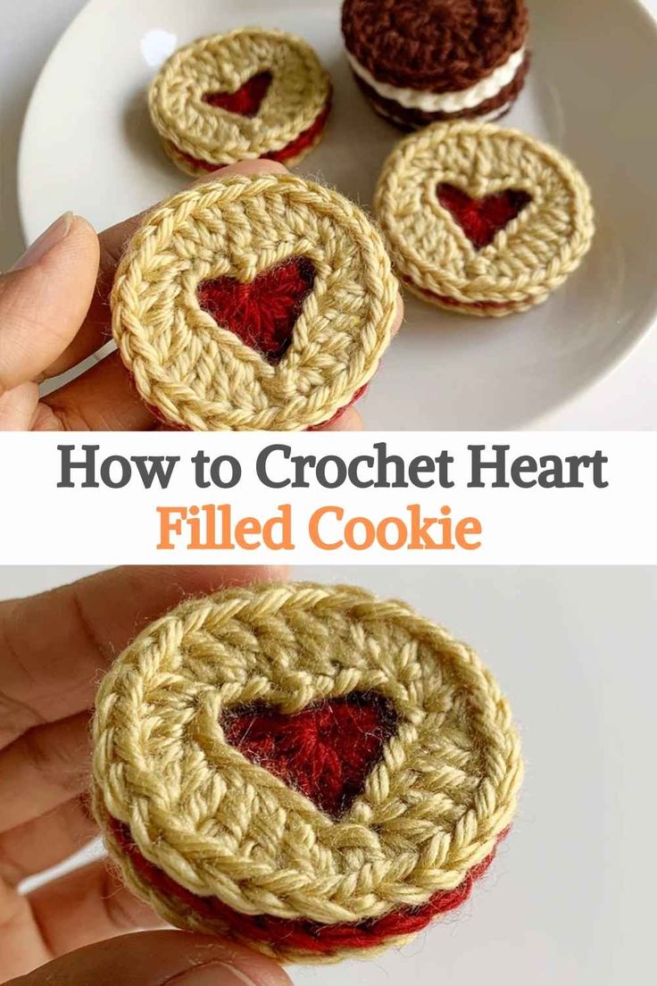 crochet heart filled cookie on a plate with the words how to crochet heart