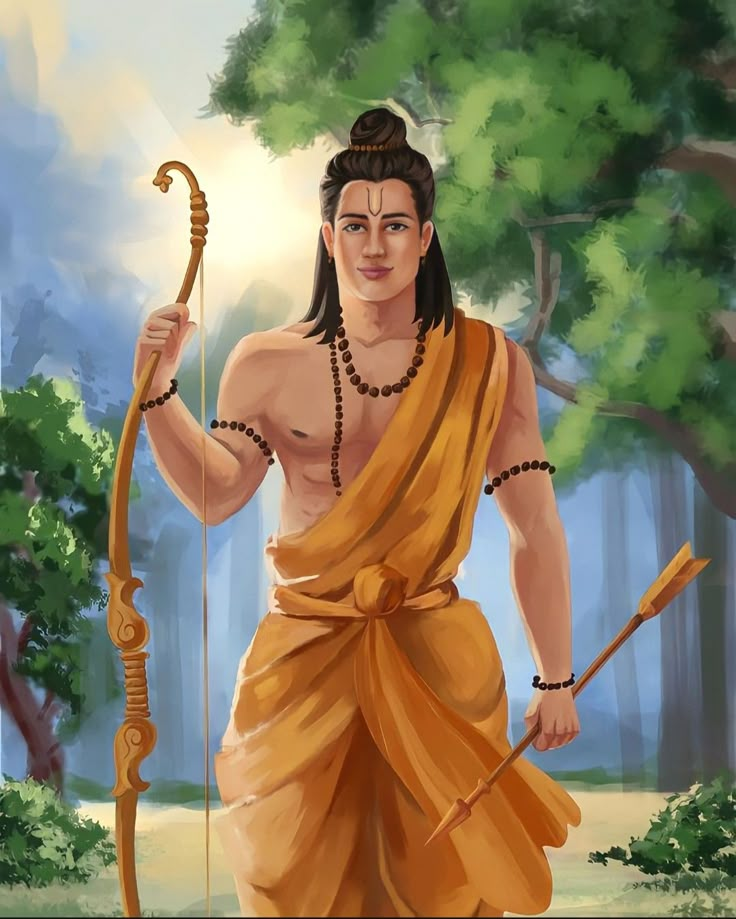 a painting of a man with a bow and arrow in his hand, standing next to some trees