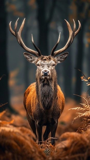 a deer with large antlers standing in the middle of a forest filled with tall grass